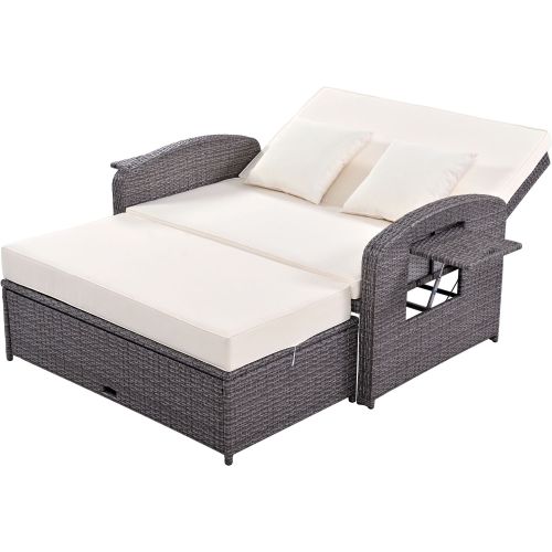 PE Wicker Rattan Double Chaise Lounge; 2-Person Reclining Sunbed with 3-Height Adjustable Back; Free Furniture Protection Cover PE Wicker Rattan Double Chaise Lounge; 2-Person Reclining Sunbed with 3-Height Adjustable Back; Free Furniture Protection Cover