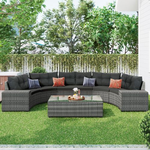 8-pieces Outdoor Wicker Round Sofa Set, Half-Moon Sectional Sets All Weather, Curved Sofa Set With Rectangular Coffee Table 8-pieces Outdoor Wicker Round Sofa Set, Half-Moon Sectional Sets All Weather, Curved Sofa Set With Rectangular Coffee Table
